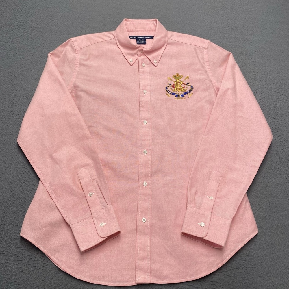 Ralph Lauren Sport Shirt Womens 14 Pink Button Up Long Sleeve Crest Logo